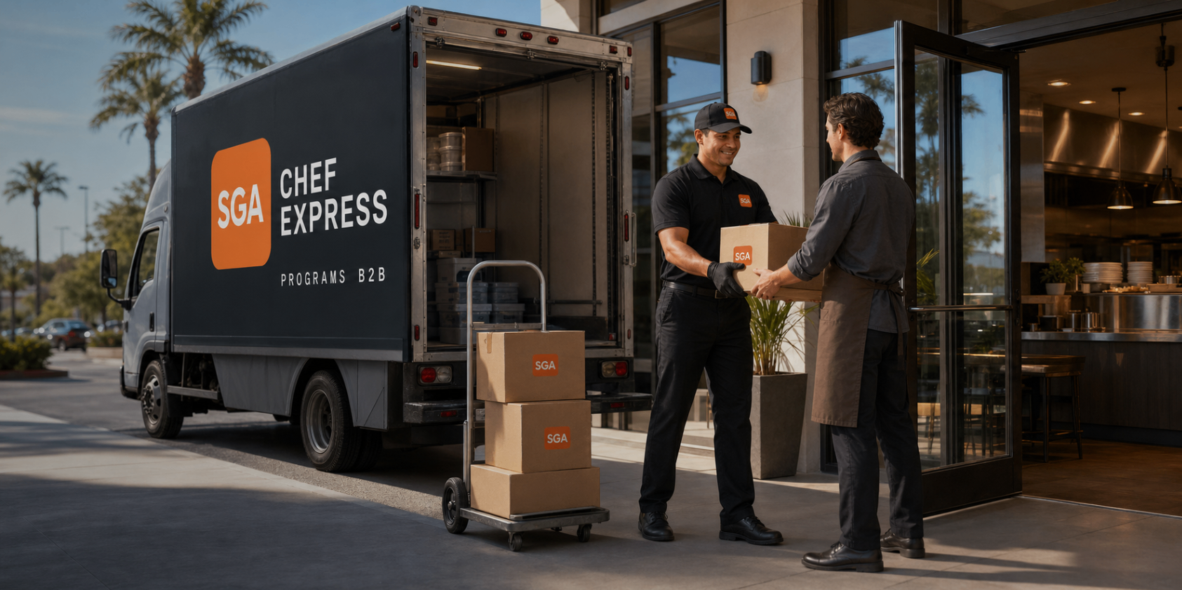 An SGA Chef Express truck delivers branded supply boxes directly to a restaurant entrance.