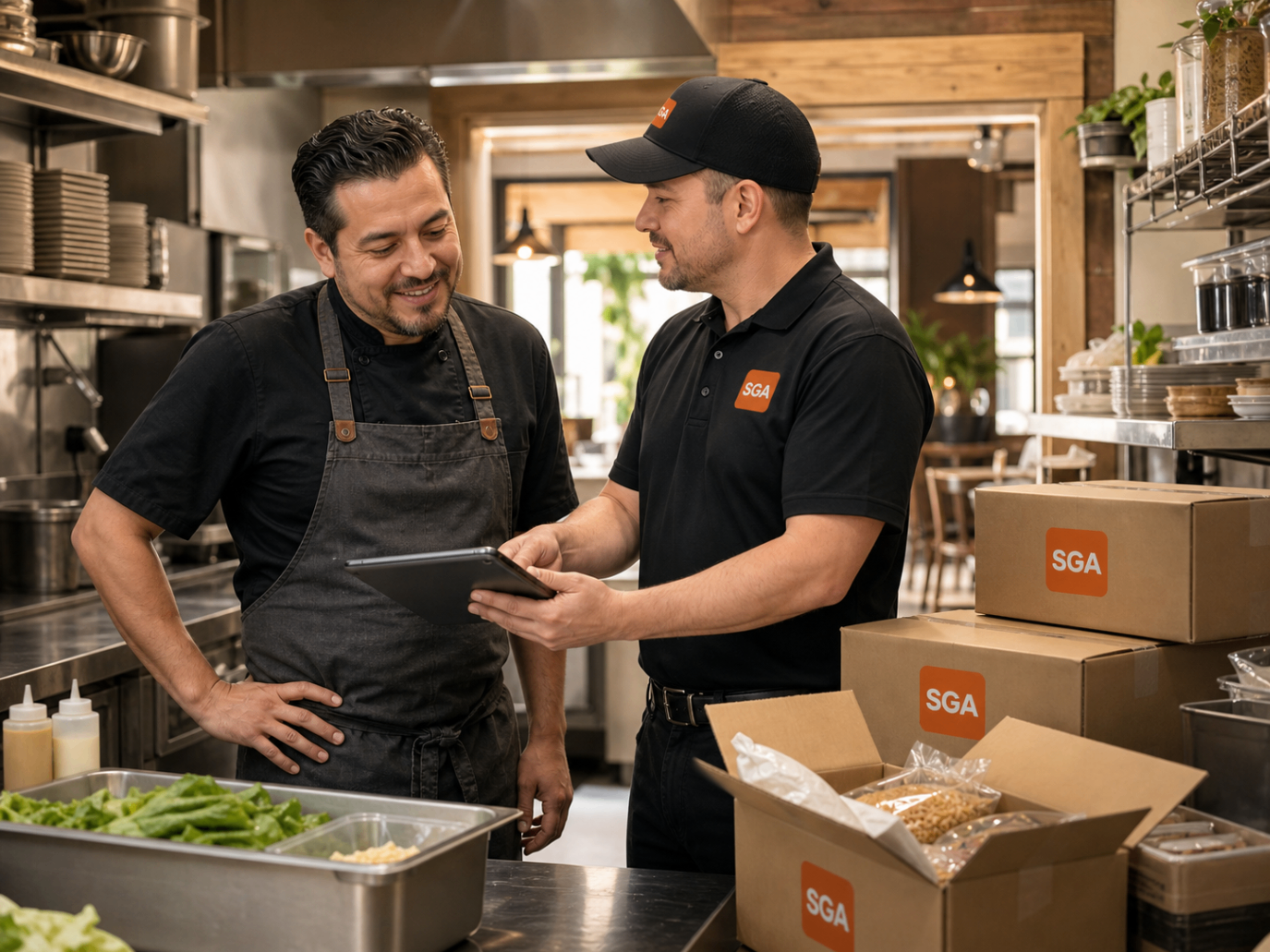 An SGA Chef Express rep reviews restaurant supply needs with a chef in a working kitchen beside branded product boxes.