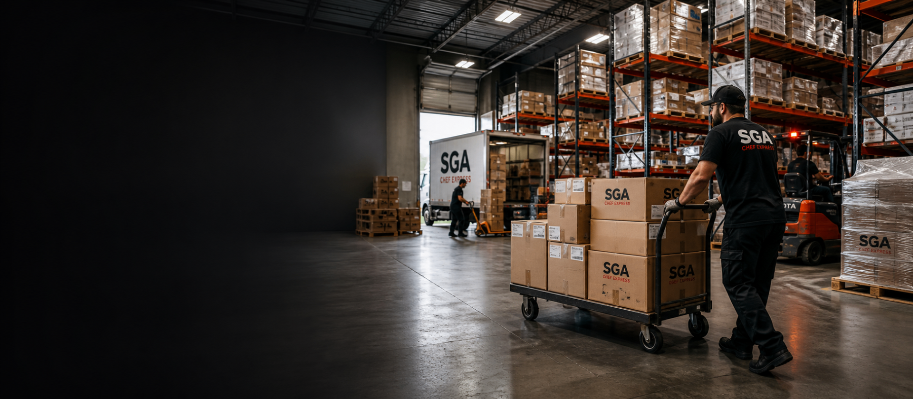 An SGA Chef Express team member moves boxed restaurant supplies through a warehouse aisle toward outbound delivery trucks.