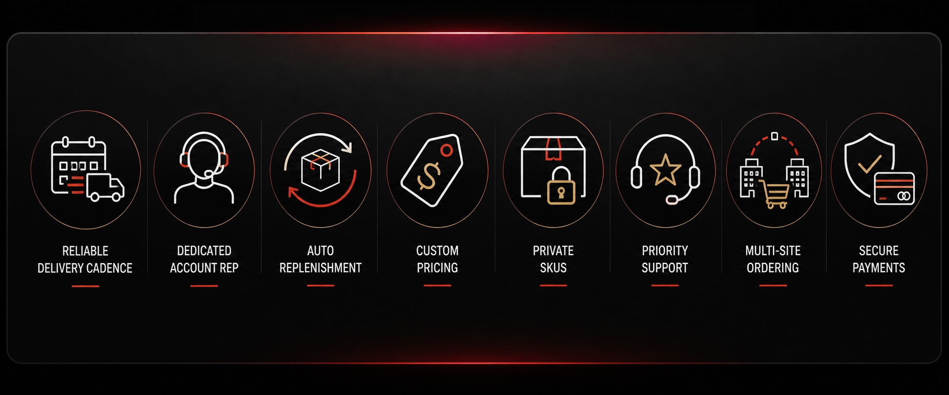 Illustrated SGA B2B program features including delivery cadence, account reps, auto replenishment, custom pricing, private SKUs, support, multi-site ordering, and secure payments.