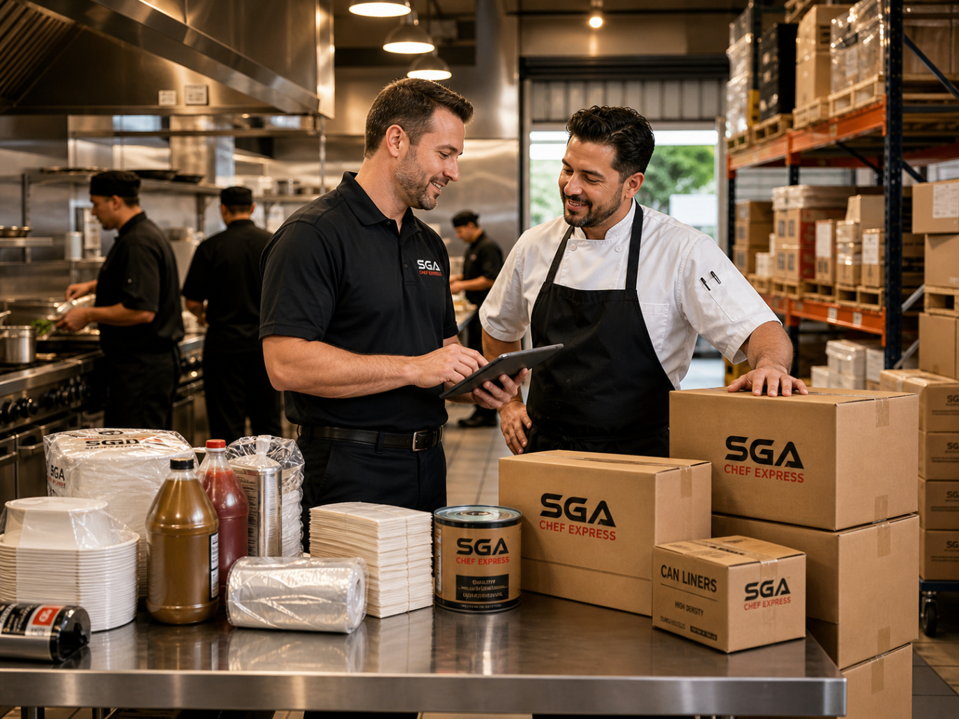 An SGA Chef Express representative reviews supply needs with a chef beside restaurant inventory and branded cases.