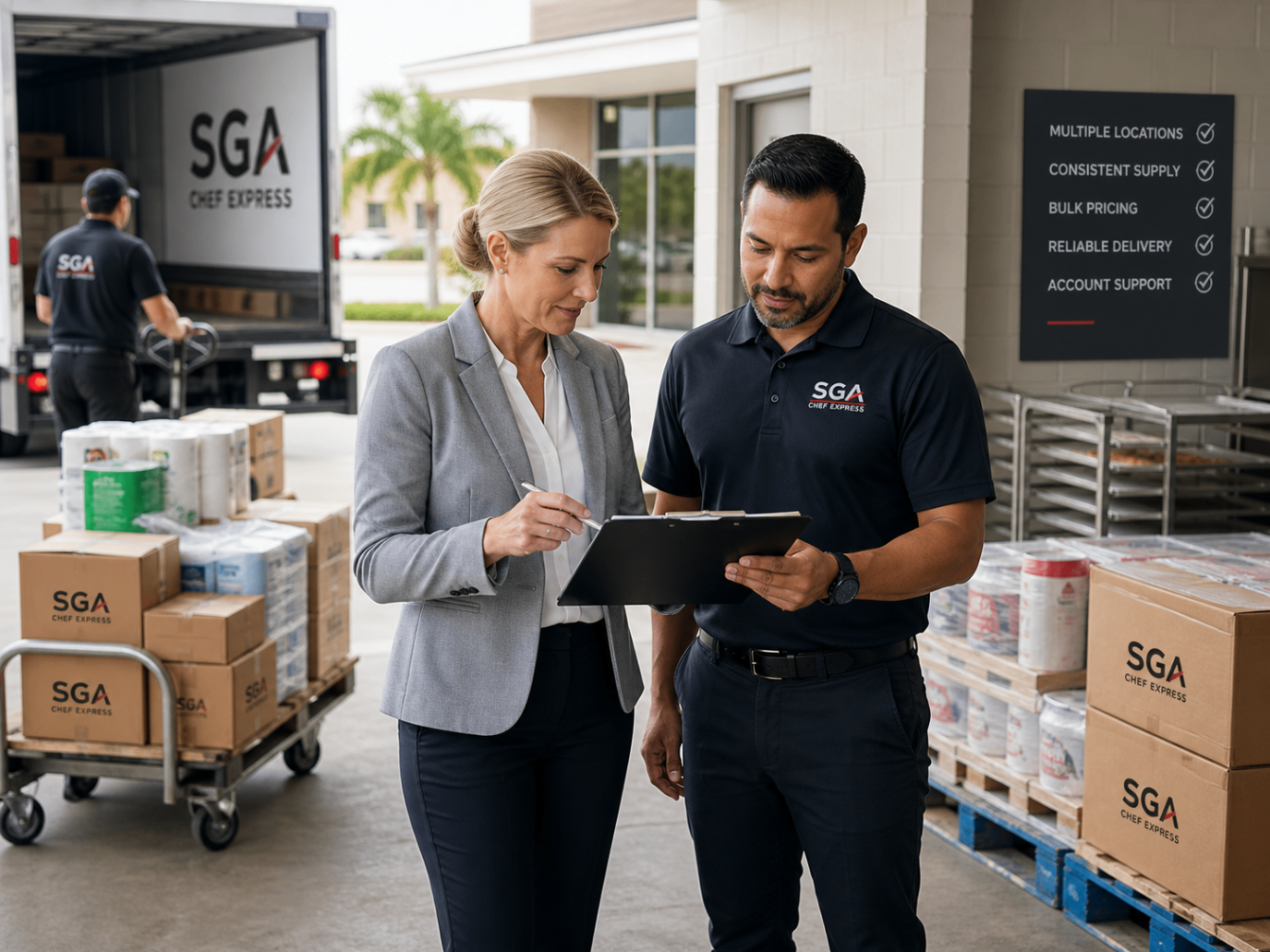 An SGA Chef Express rep reviews a clipboard with a customer during a delivery, with stocked inventory and an SGA truck nearby.