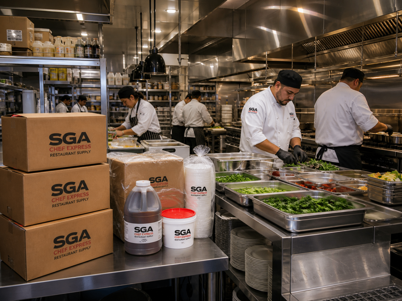 SGA Chef Express supplies staged inside a busy commercial kitchen while chefs prep for service.